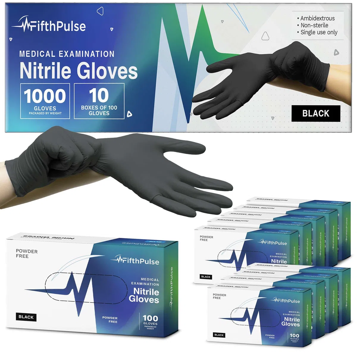 Medical Exam - Guantes de nitrilo negros medianos, 1000 unidades, guantes desechables sin polvo y látex de 3 mil, caja de 10 cajas de 100 guantes médicos