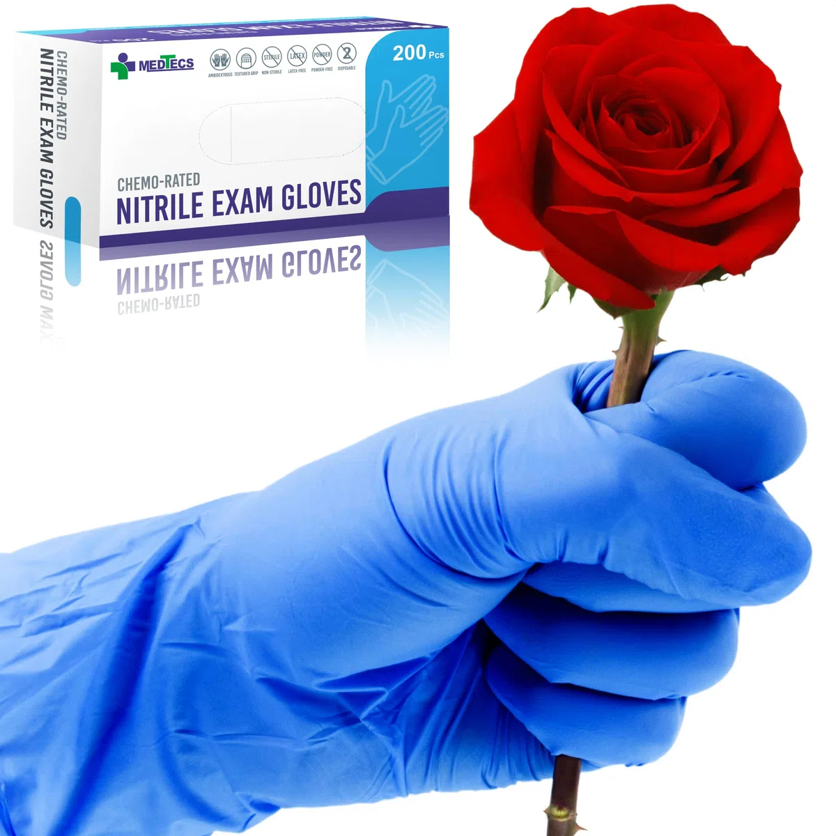 Medtecs 200 guantes de nitrilo sin látex con protección química y diseño transpirable de 4 mm de grosor, ambidiestros, sin polvo y más del 500% de estiramiento, todos los tamaños y colores disponibles