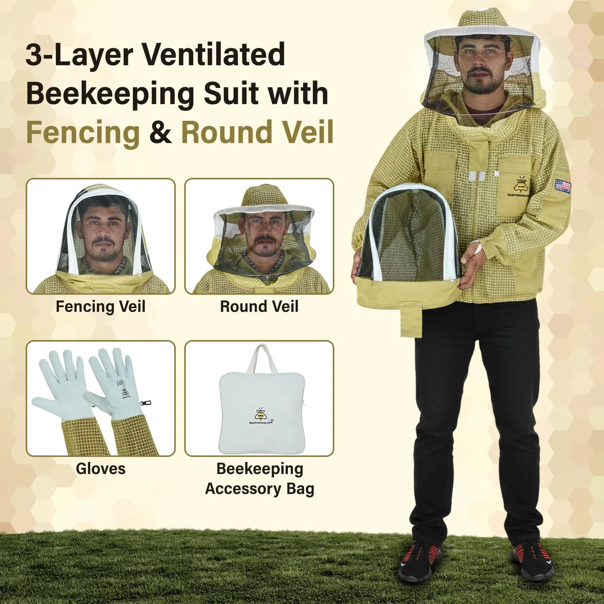 Chaqueta de abeja de malla ventilada de 3 capas para hombres y mujeres con velos, chaqueta de apicultura a prueba de picaduras, con guantes de cuero y bolsa