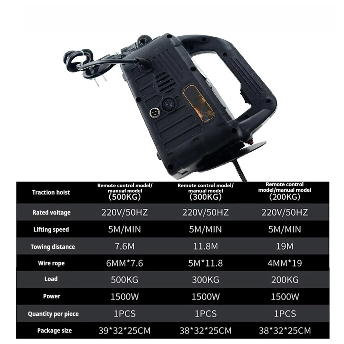 Montacargas eléctrico Grúa De Control Remoto 220v Y 500kg, Polipasto Eléctrico Cable, Carcasa Aluminio, Pequeña Para Interiores Polipasto Eléctrico de Cable(REMOTE CONTROL-300 KG 11.8M)