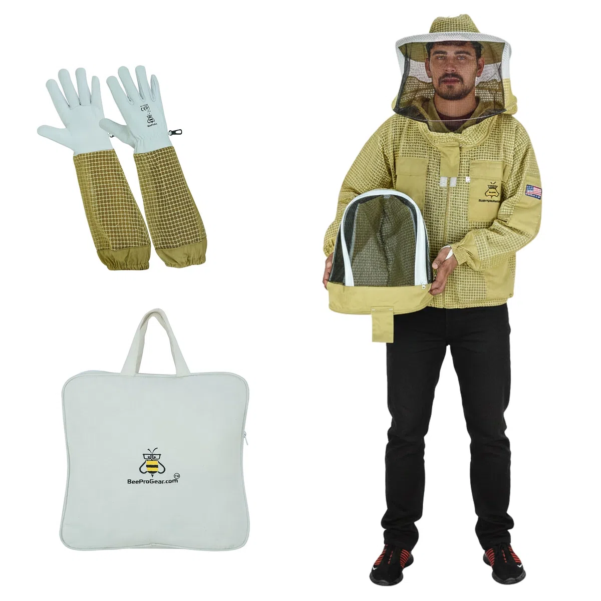 Chaqueta de abeja de malla ventilada de 3 capas para hombres y mujeres con velos, chaqueta de apicultura a prueba de picaduras, con guantes de cuero y bolsa