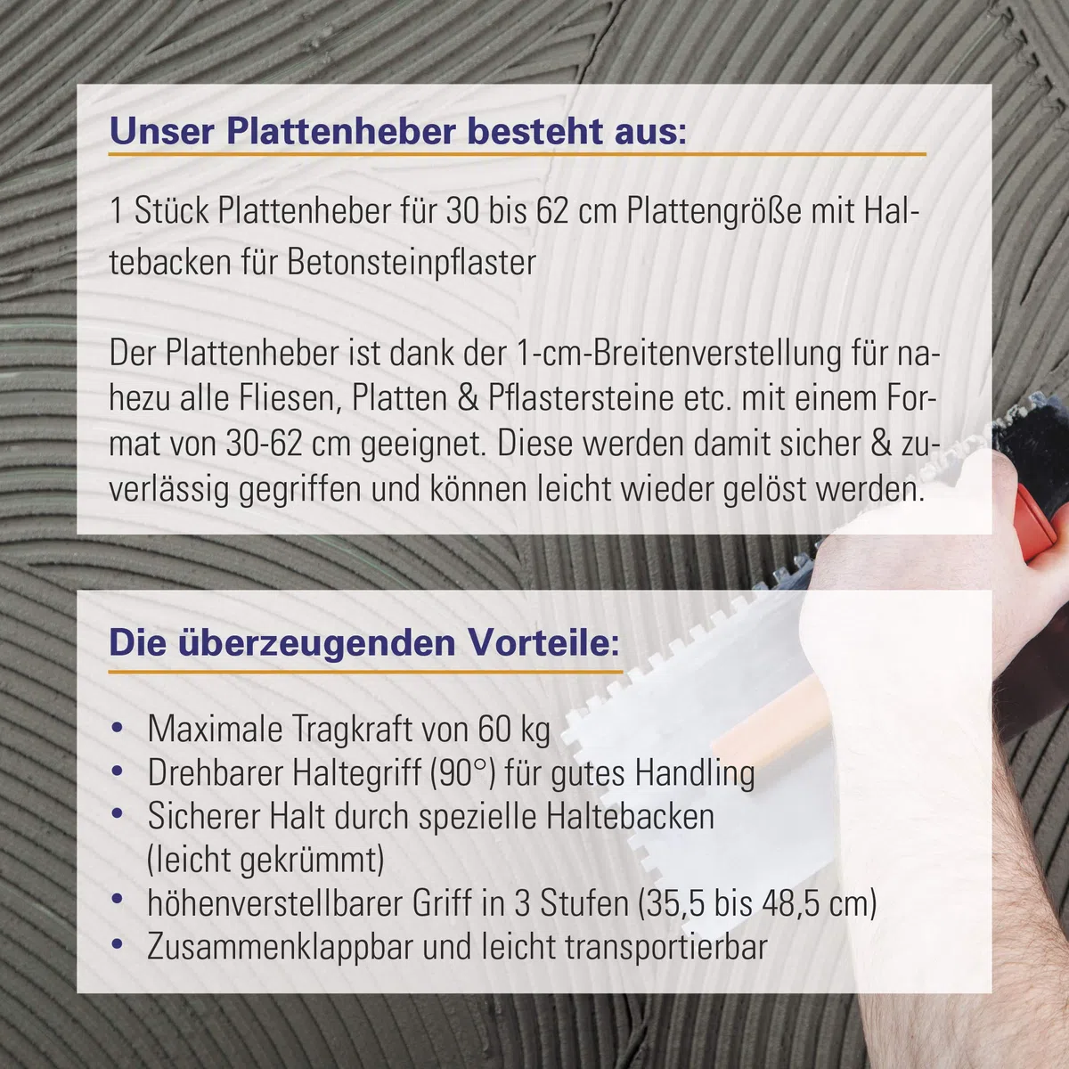 Karl Dahm Elevador de placas con asa larga y regulable en altura, elevador de placas profesional para azulejos y placas de 30 – 62 cm, plegable y fácil de transportar, soporta hasta 60 kg – 12018