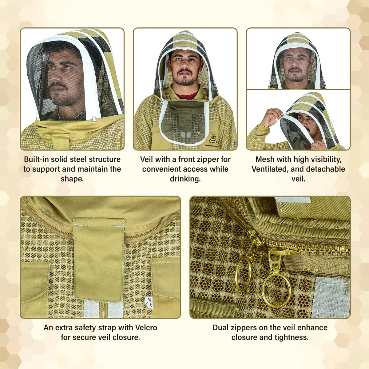 Chaqueta de abeja de malla ventilada de 3 capas para hombres y mujeres con velos, chaqueta de apicultura a prueba de picaduras, con guantes de cuero y bolsa