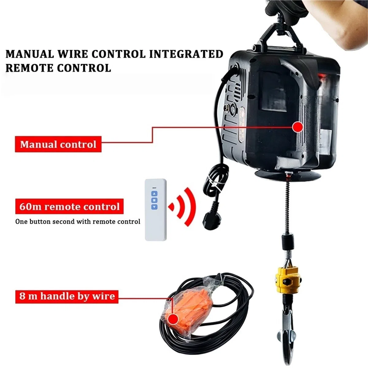 Montacargas eléctrico Grúa De Control Remoto 220v Y 500kg, Polipasto Eléctrico Cable, Carcasa Aluminio, Pequeña Para Interiores Polipasto Eléctrico de Cable(REMOTE CONTROL-300 KG 11.8M)