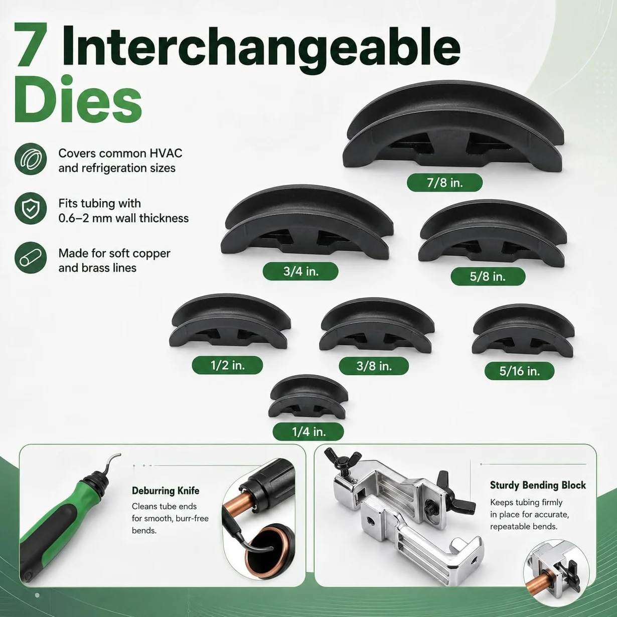 Kit doblador de tubos con 7 troqueles, 1/4-7/8 pulgadas, curva inversa de